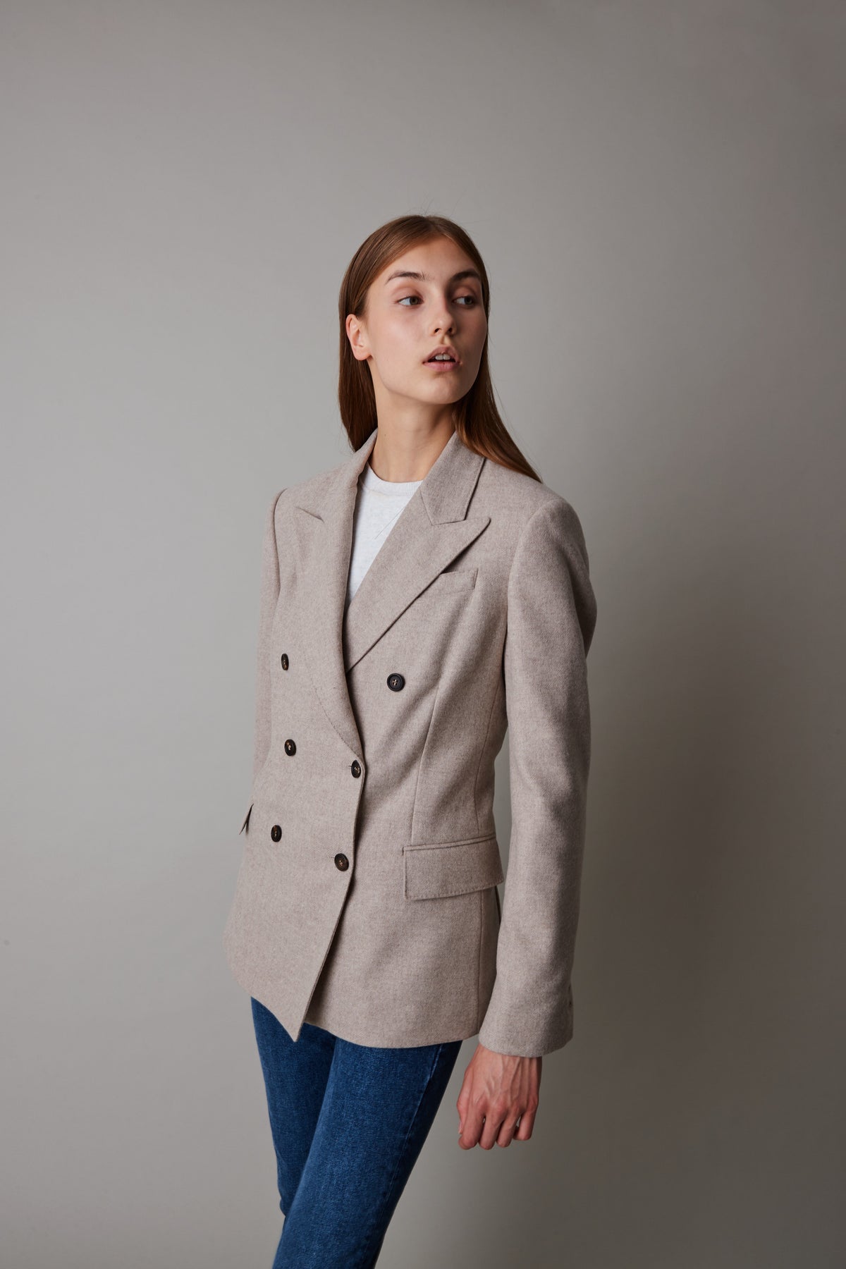 The MADISON Lightweight Wool Women’s Double-Breasted Jacket in TAUPE color